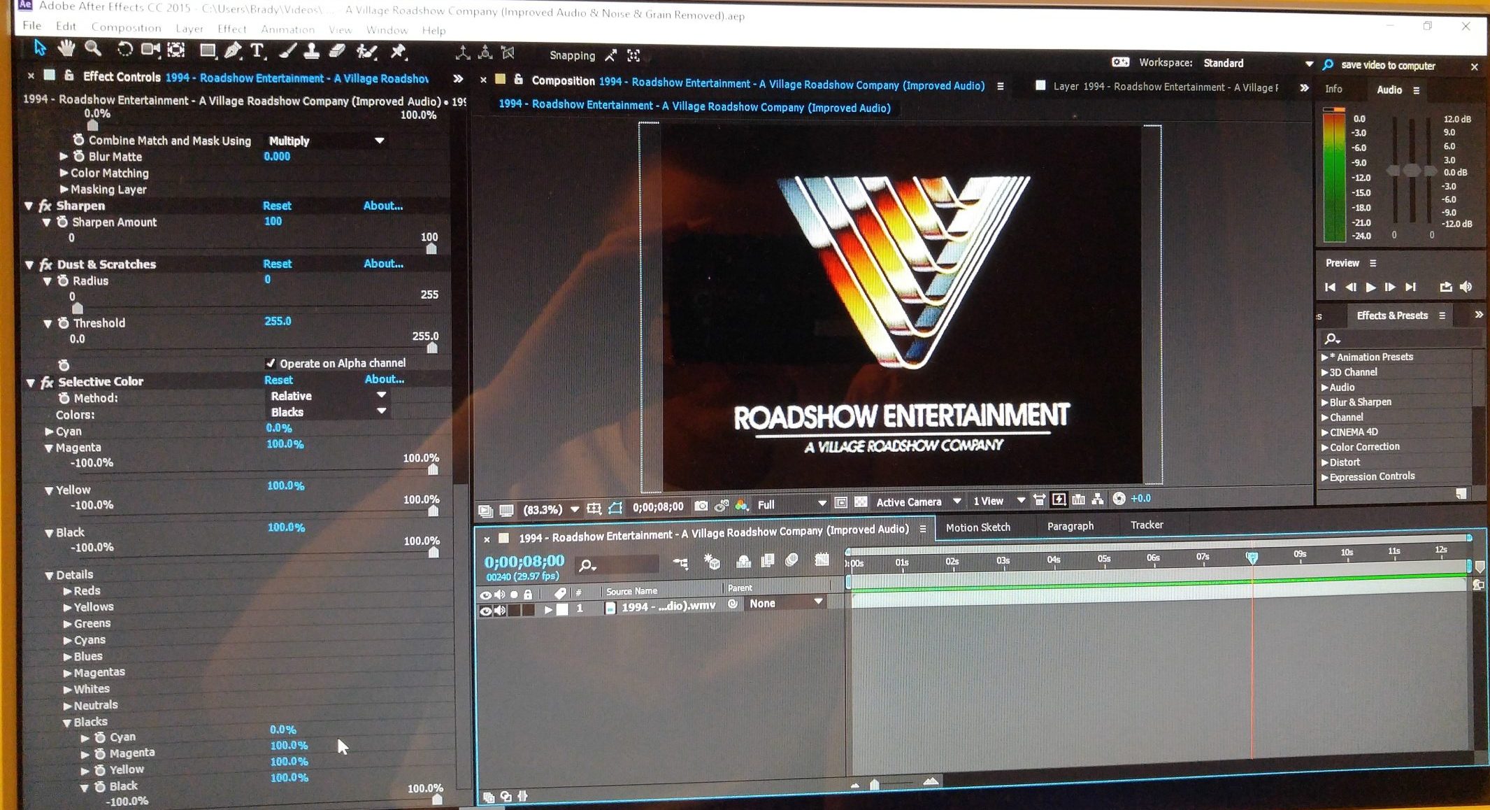 2016-01-17 1834 hours - Brady corrects the background color on [Roadshow Entertainment - 1994] on After Effects