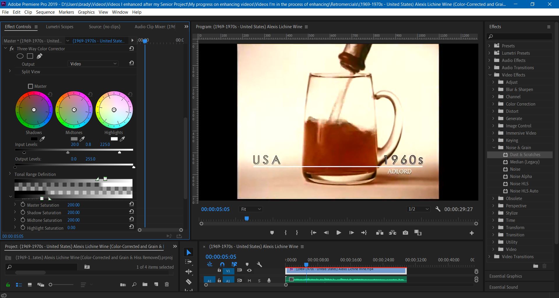 2020-02-28 2327 hours - Brady color-corrects a commercial for Alexis Lichine Wine from a half century ago on Adobe Premiere Pro