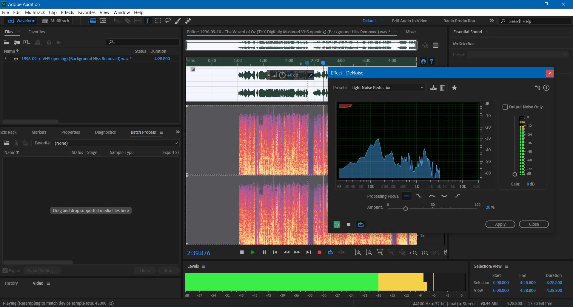 2020-04-23 2254 hours (Trying to Remove Background Hiss on the THX Digitally Mastered VHS opening of 'The Wizard of Oz' on Adobe Audition)