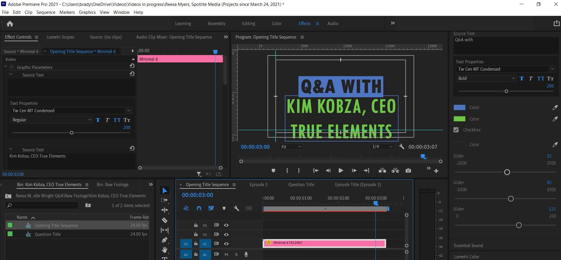 2021-05-05 1056 hours (Adjusting Title Card for Different Interviewee on 'Michelle Wright Q&A' Project)