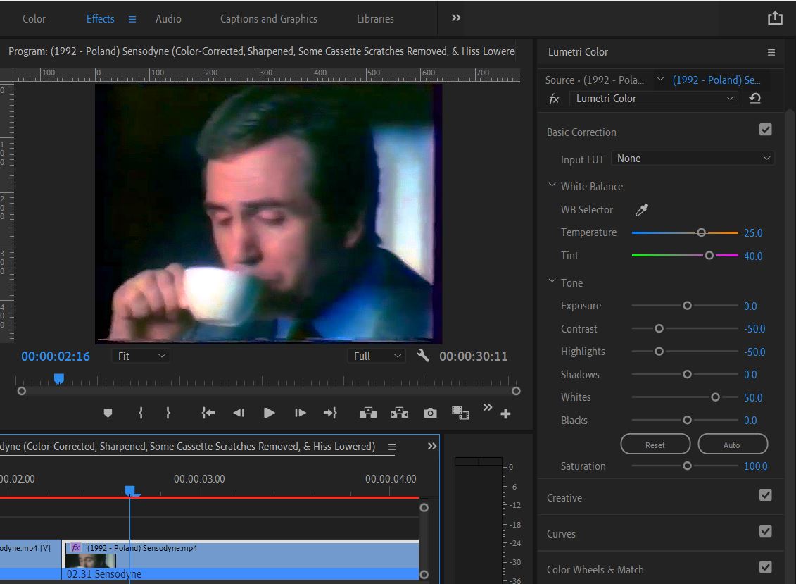 2022-01-21 1808 hours (Adjusting Color-Correction to Remove Oversatuation of Black Tone seen on Export Settings on Commercial for Sensodyne from 'Stare polskie reklamy (1992)')