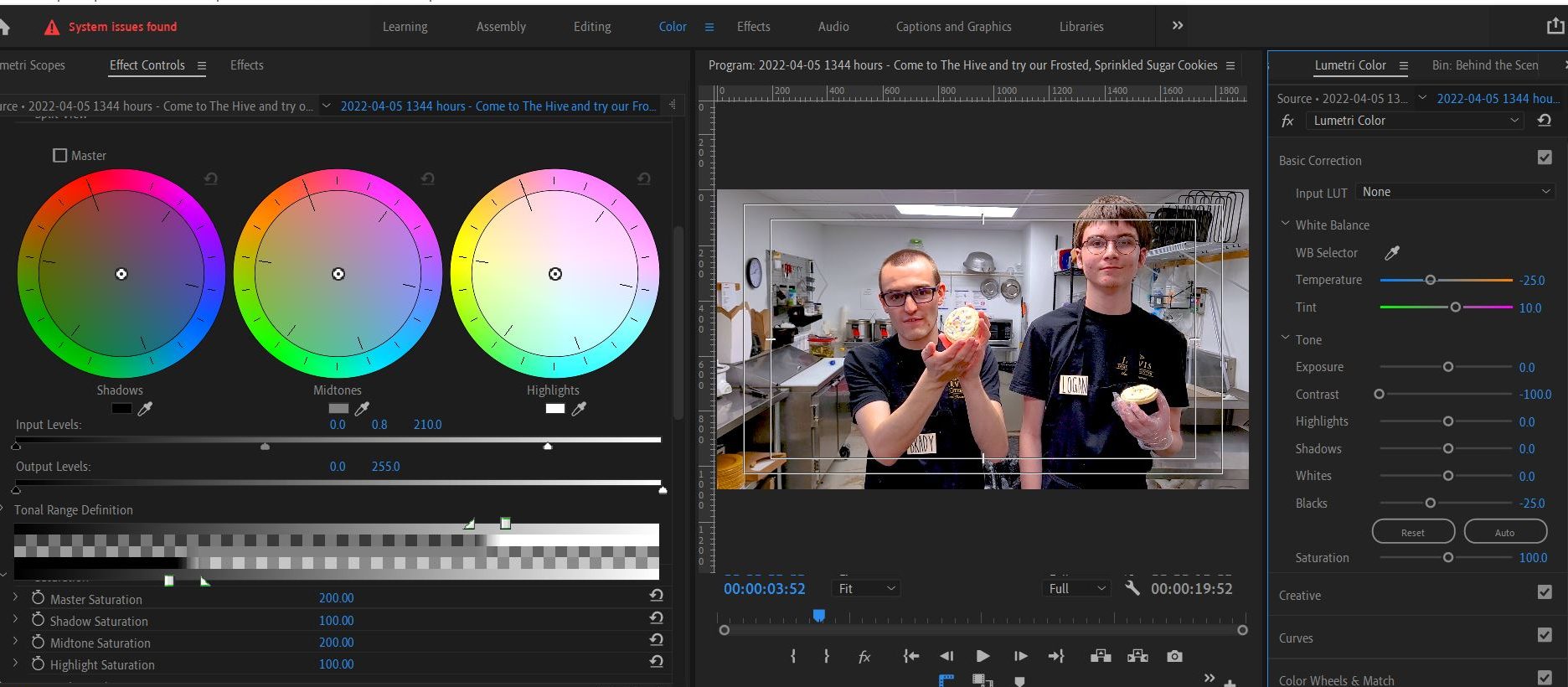 2022-04-06 1344 hours (Color-Correcting a Video about The Hive's Sugar Cookies)