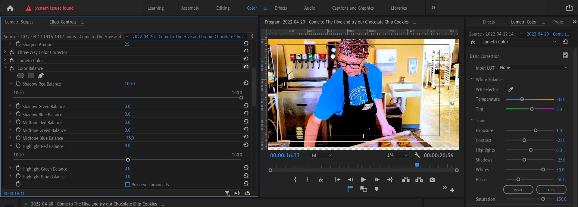 2022-04-20 1204 hours (Color-Correcting the Video about The Hive's Chocolate Chip Cookies to Correct Miss Skaggs's Skin Tone)