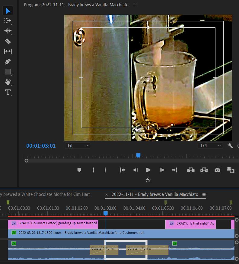 2022-11-11 2042 hours (Sound of Brewing Espresso Filled Gap Caused by Deleting Brady's Muffled Sentence 'It's gotta do what I'm hearing until it's full')