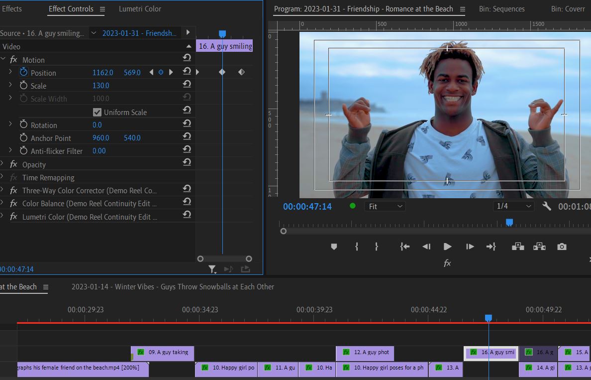 2023-01-31 1030 hours (Trial and Error Stabilizing Zoomed-In Shot 'A guy smiling and making hand gestures on the beach')