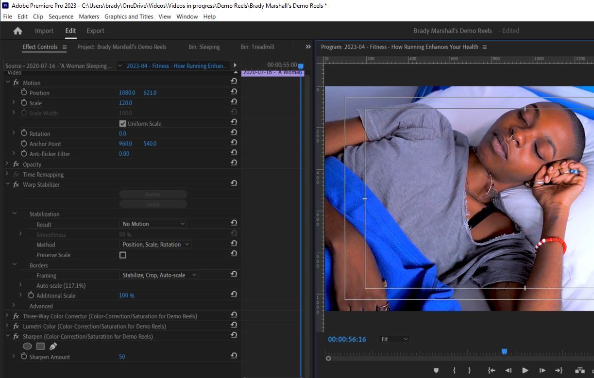2023-04-04 2147 hours (Trial and Error Stabilizing Saturated Shot 'A Woman Sleeping On A Bed' from Pexels with Warp Stabilizer)