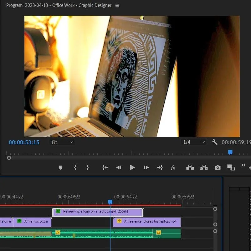 2023-04-13 1815 hours (Dragged 'Reviewing a logo on a laptop' to be Penultimate Shot, so Graphic Designer is Actually Finished with What Work He Did)