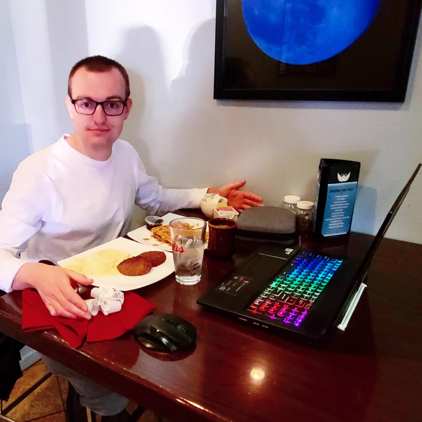 2023-04-26 0735 hours - Brady enjoys breakfast as he works on his 9th Demo Reel Continuity Edit at Early Bird Breakfast Pub