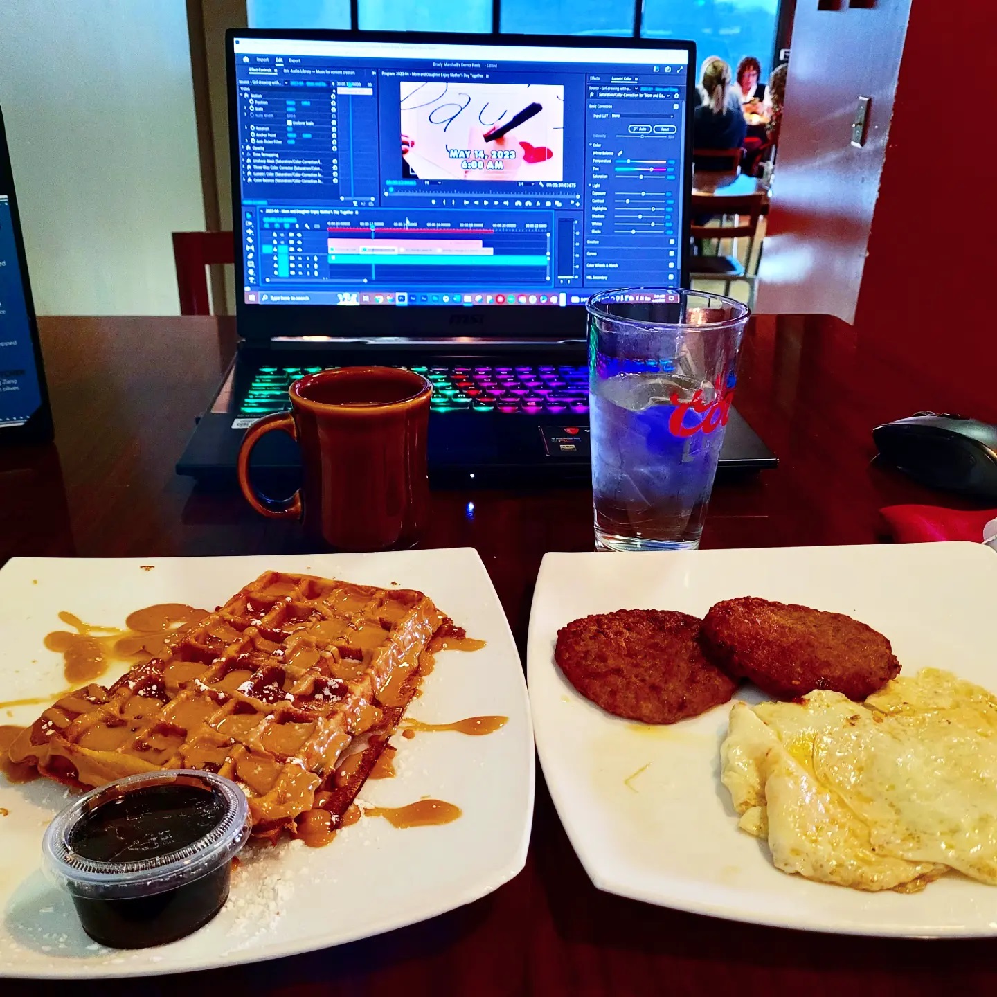 2023-04-26 0736 hours - Brady enjoys breakfast as he works on his 9th Demo Reel Continuity Edit at Early Bird Breakfast Pub
