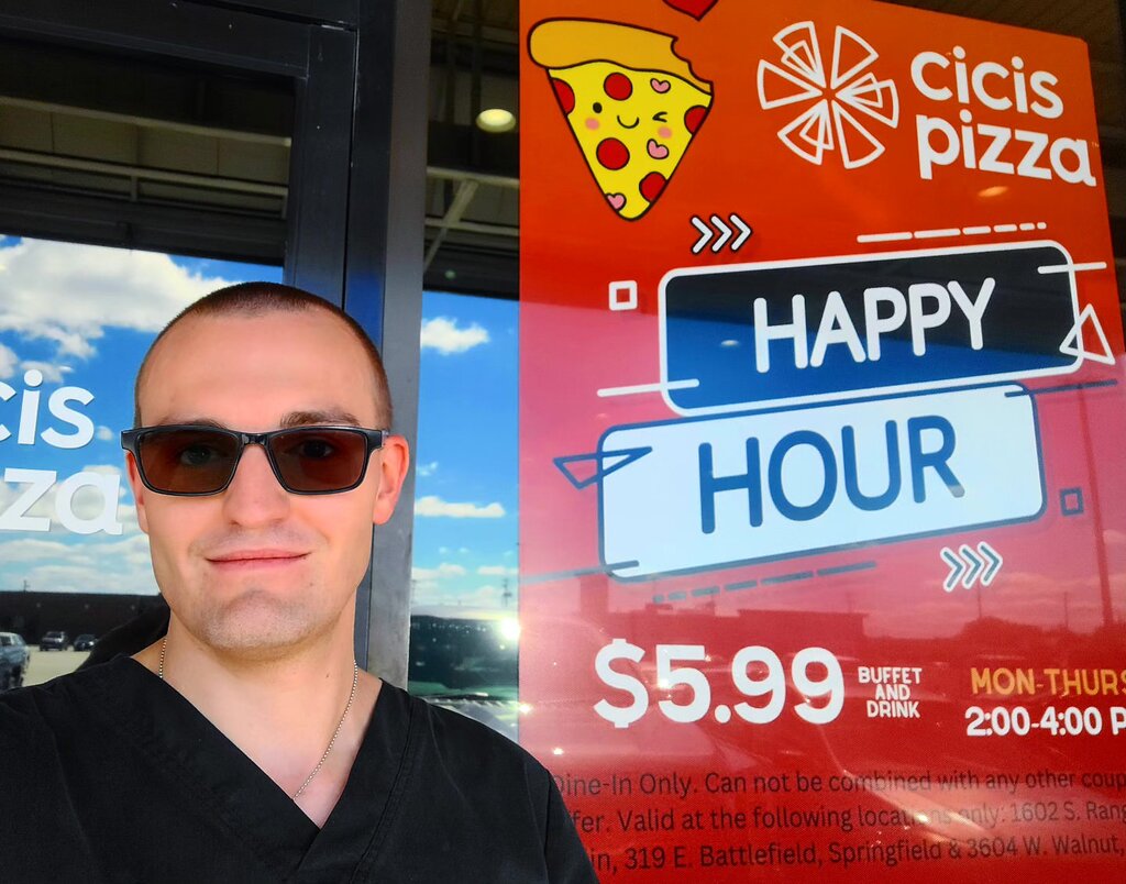 2023-08-14 1519 hours - Brady visits Cicis Pizza for their Happy Hour Buffet