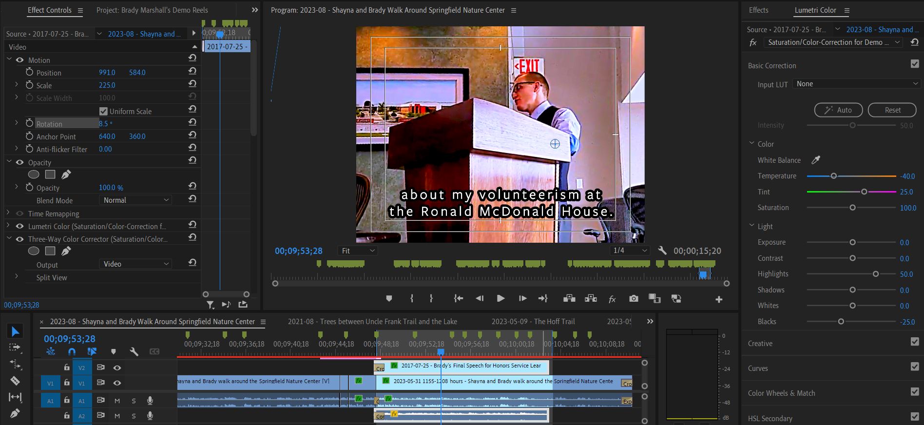 2023-08-23 1039 hours (Enhancing Archived Video of Brady's Final Speech for Honors Service Learning by Straightening and Saturating & Color-Correcting)