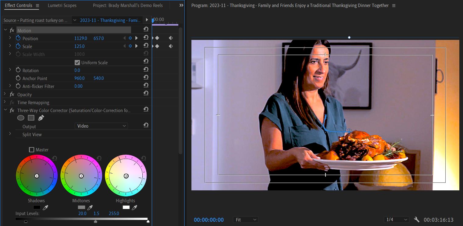 2023-10-31 1823 hours (Zoomed In First Half of Saturated Shot 'Putting roast turkey on the table' to Focus on Woman Carrying the Turkey)