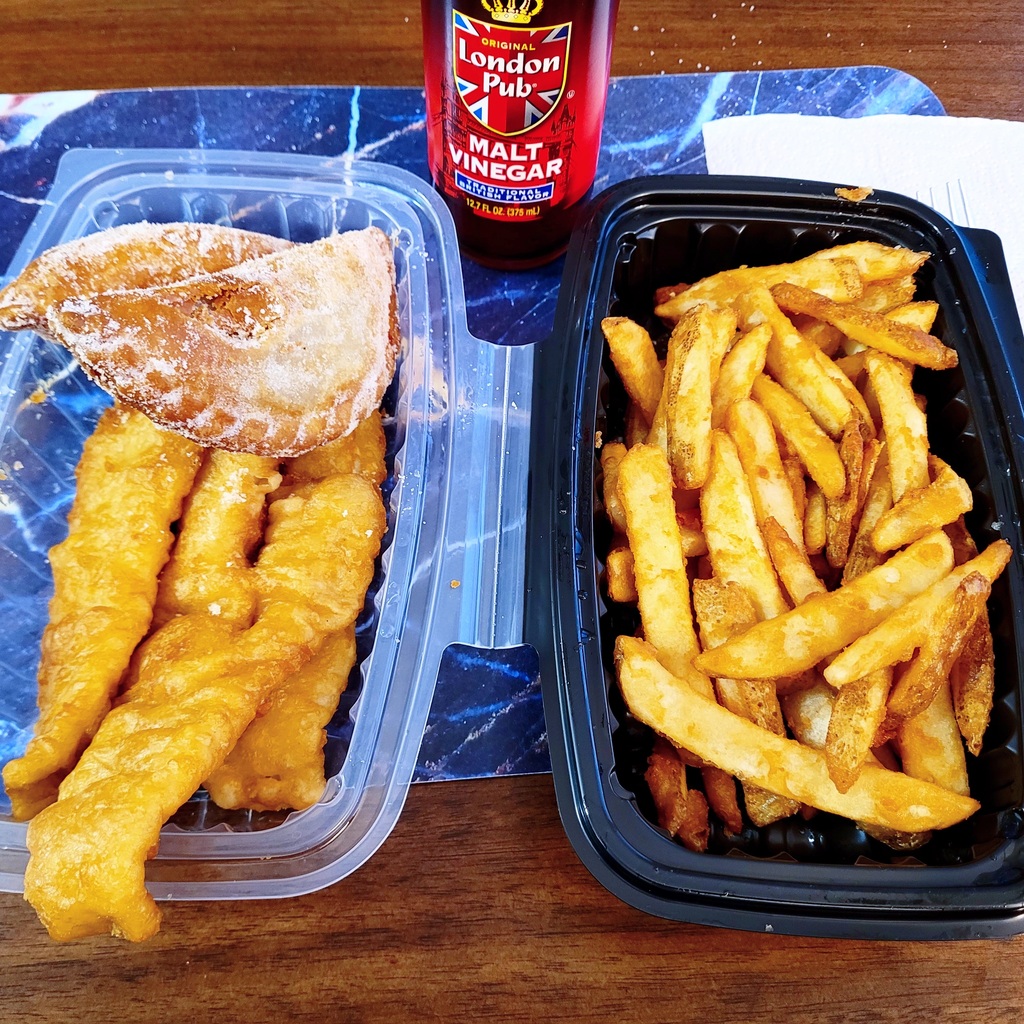 2024-04-03 1116 hours - London Calling's Fish & Chips with Custard and Strawberry Rhubarb Dessert Pasties