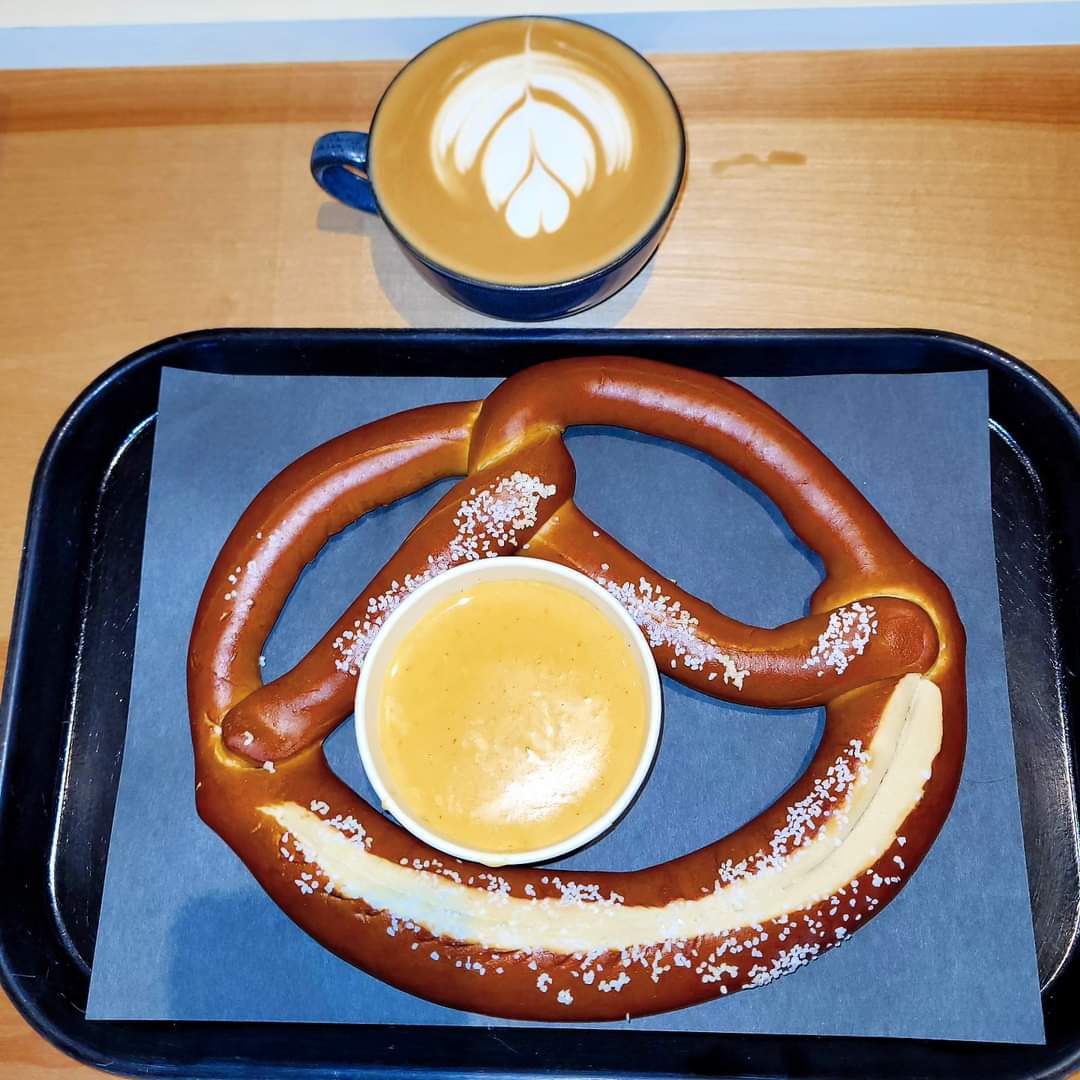 2024-08-30 1033 hours - Chocolate & Cinnamon Latté and Pretzel with Beer Cheese at Before & After Brewing