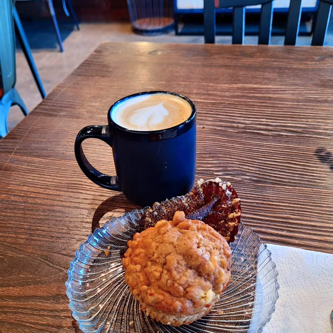 2024-10-07 1051 hours - Houn' Dawg (Peanut Butter, Caramel, & Banana) Signature Latte with SEASONAL Apple Streusel Muffin at Black Lab Coffee Galloway