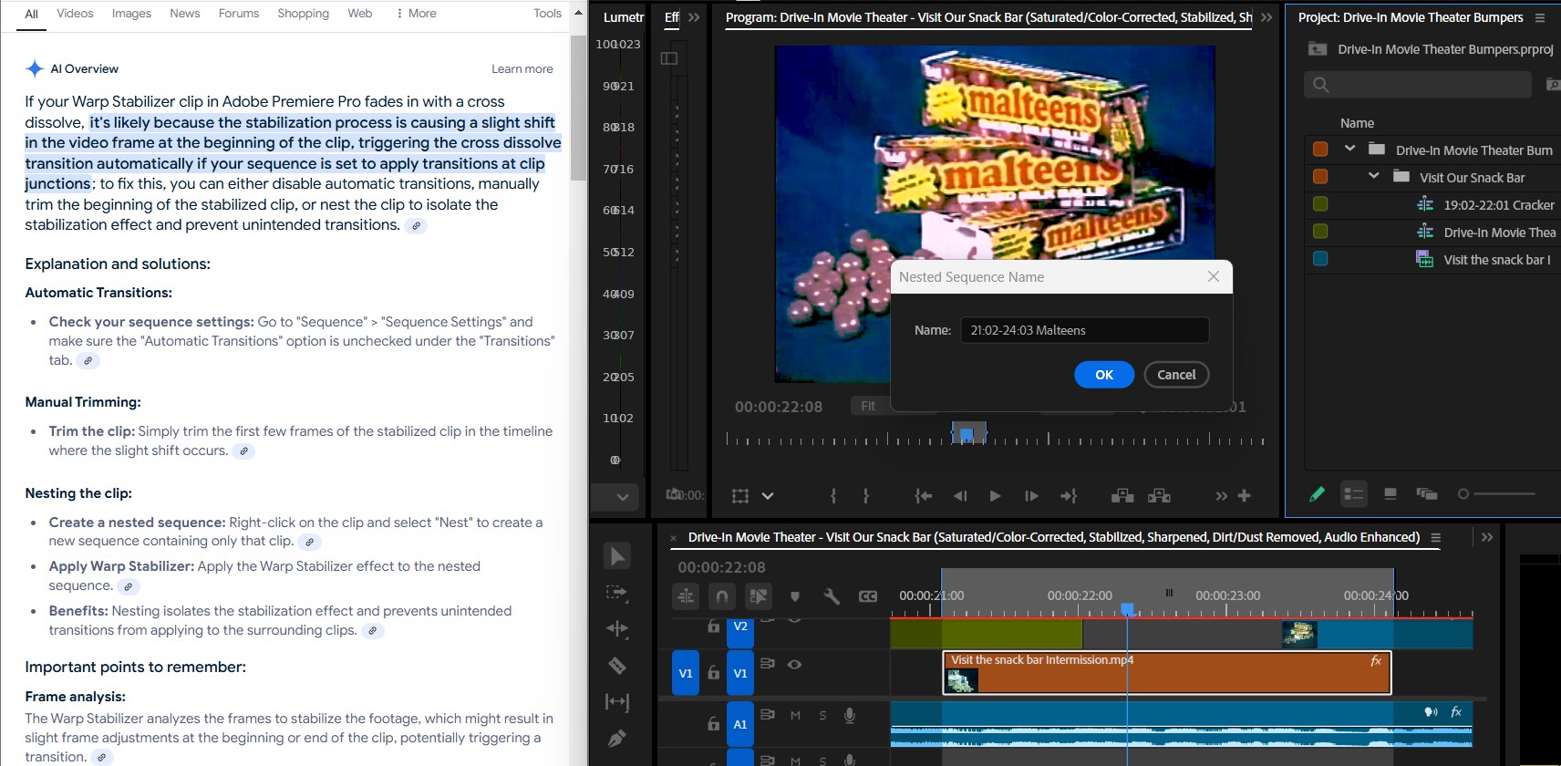 2025-01-13 2026 hours (Creating Nested Sequences for Each Post-Title-Card Shot for Smooth Cross Dissolves with Warp Stabilizer Applied)