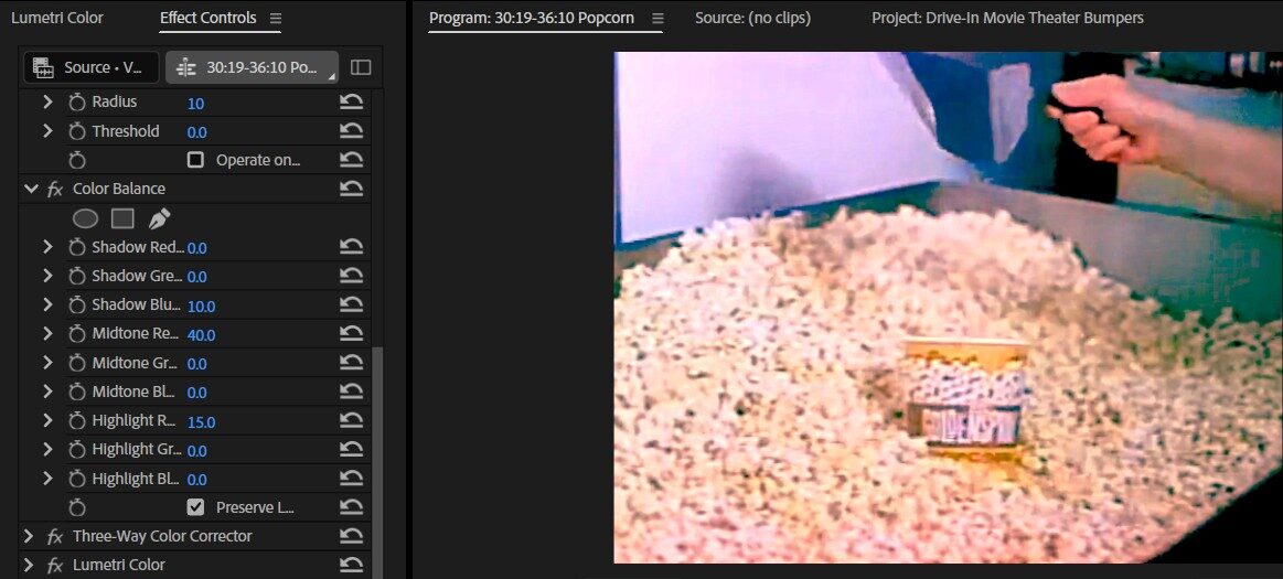 2025-01-14 0031 hours (Color-Correcting Saturated Shot of Scooping Popcorn to Appear More Realistic)