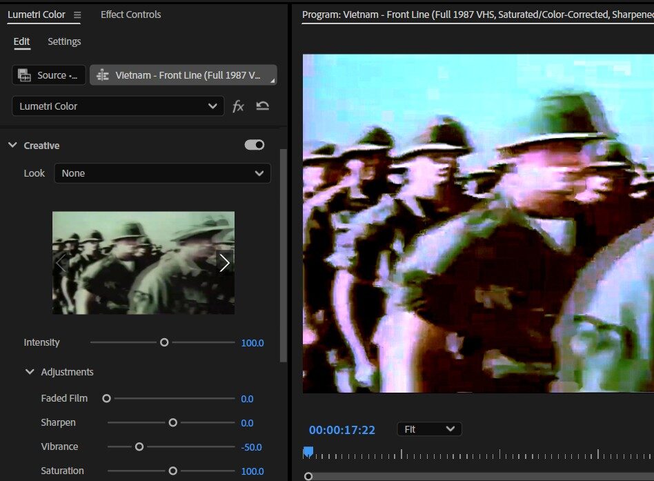 2025-01-31 1446 hours (Color-Correcting Saturated Shot of Soldiers to Appear More Realistic using Lumetri Color Creative Tool)