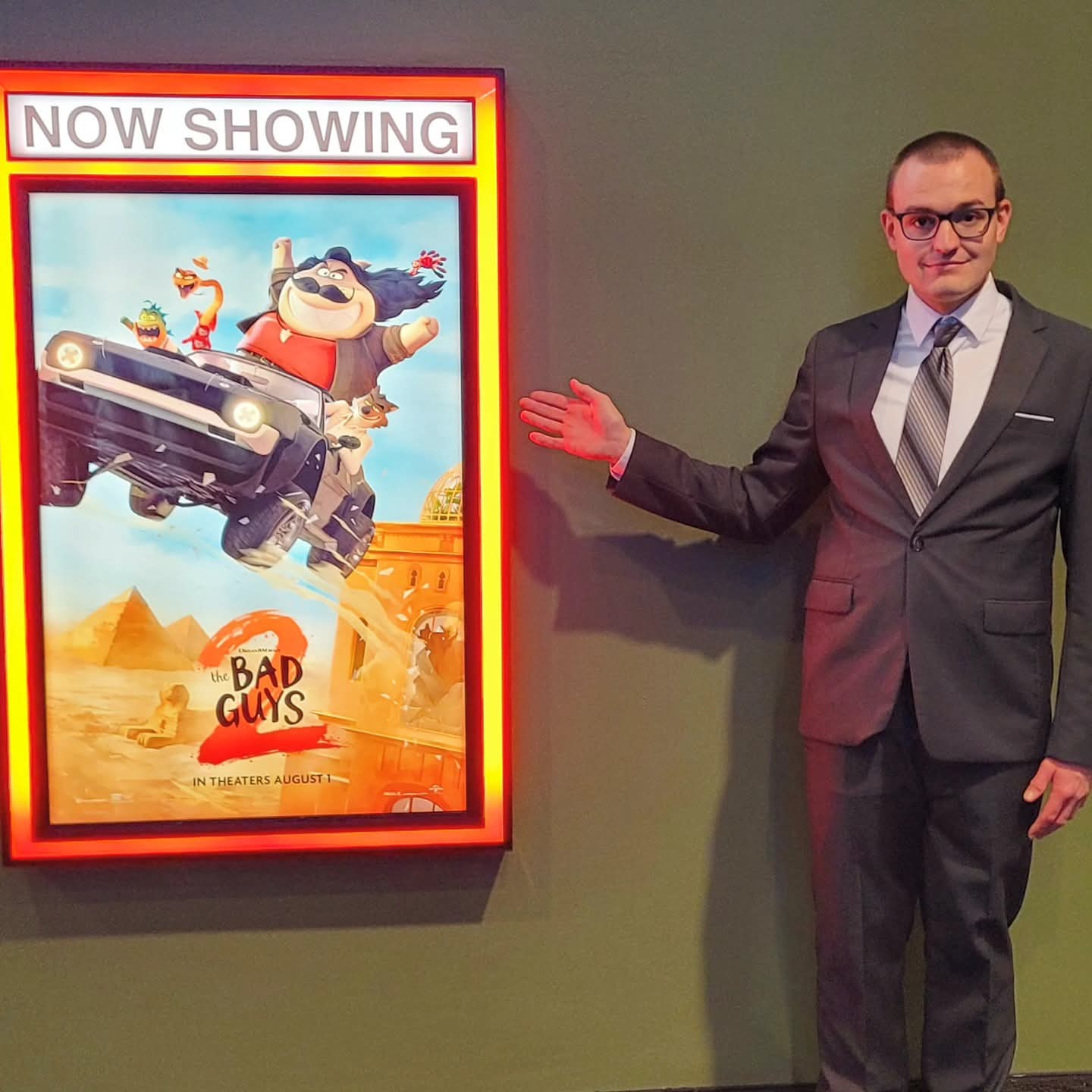2025-08-01 1559 hours - Brady wore his Gray Suit to see 'The Bad Guys 2' at College Station Theaters in Downtown Springfield