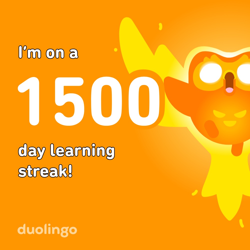 2025-08-20 1112 hours - Brady Marshall's 1,500 Day Streak on Duolingo