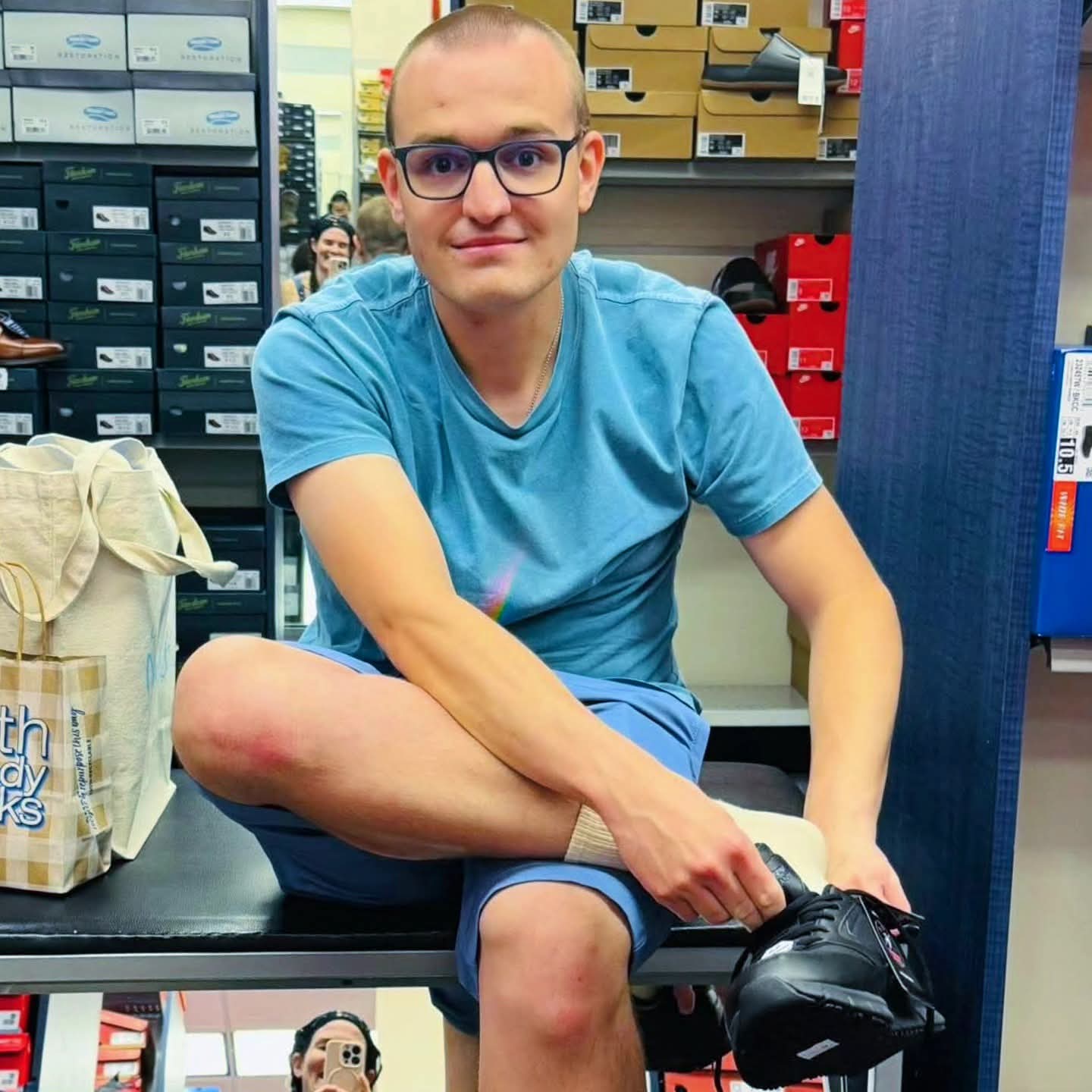 2025-09-30 1801 hours - Brady tries on Work Shoes at Rack Room Shoes at Battlefield Mall
