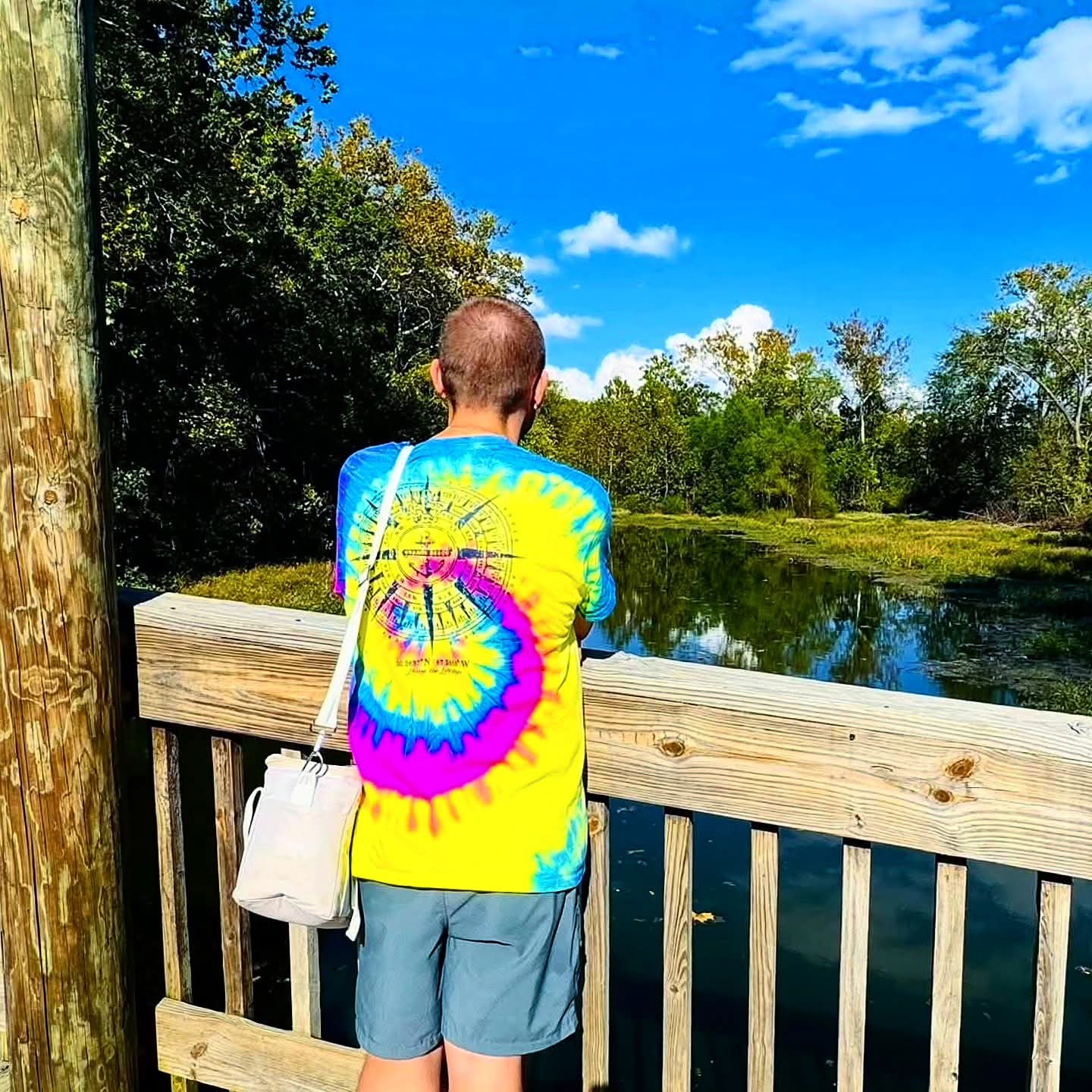 2025-10-06 1536 hours - Brady looks over Lake Springfield from the Long Trail at Springfield Nature Center