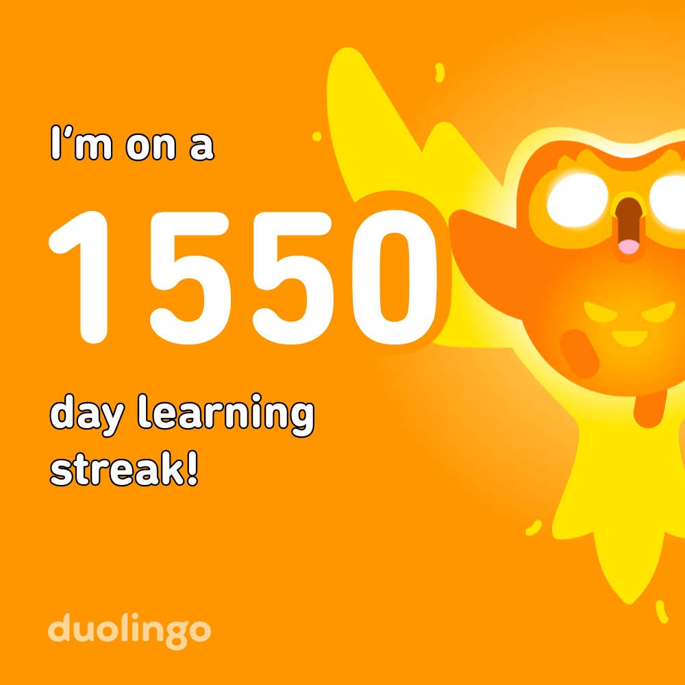 2025-10-09 1114 hours - Brady Marshall's 1,550 Day Streak on Duolingo