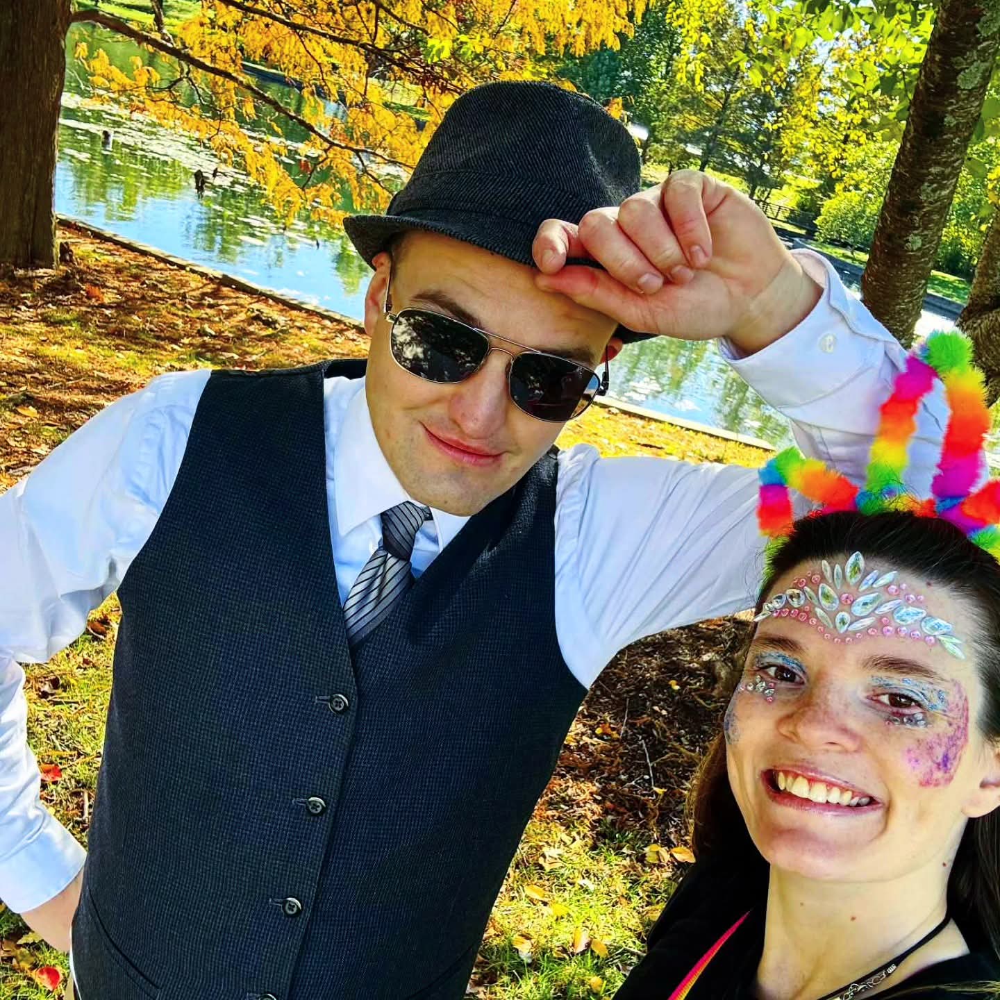 2025-10-31 1244 hours - Autism Buddies Cool Cat Brady & Rainbow Unicorn Haley at Schaible Lake Park on Halloween MMXXV