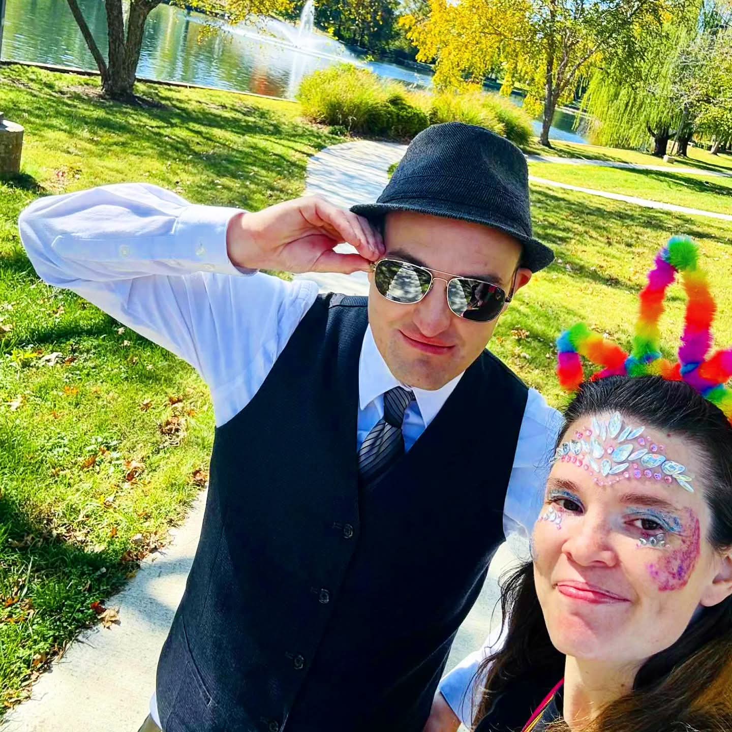 2025-10-31 1257 hours #1 - Autism Buddies Cool Cat Brady & Rainbow Unicorn Haley at Schaible Lake Park on Halloween MMXXV