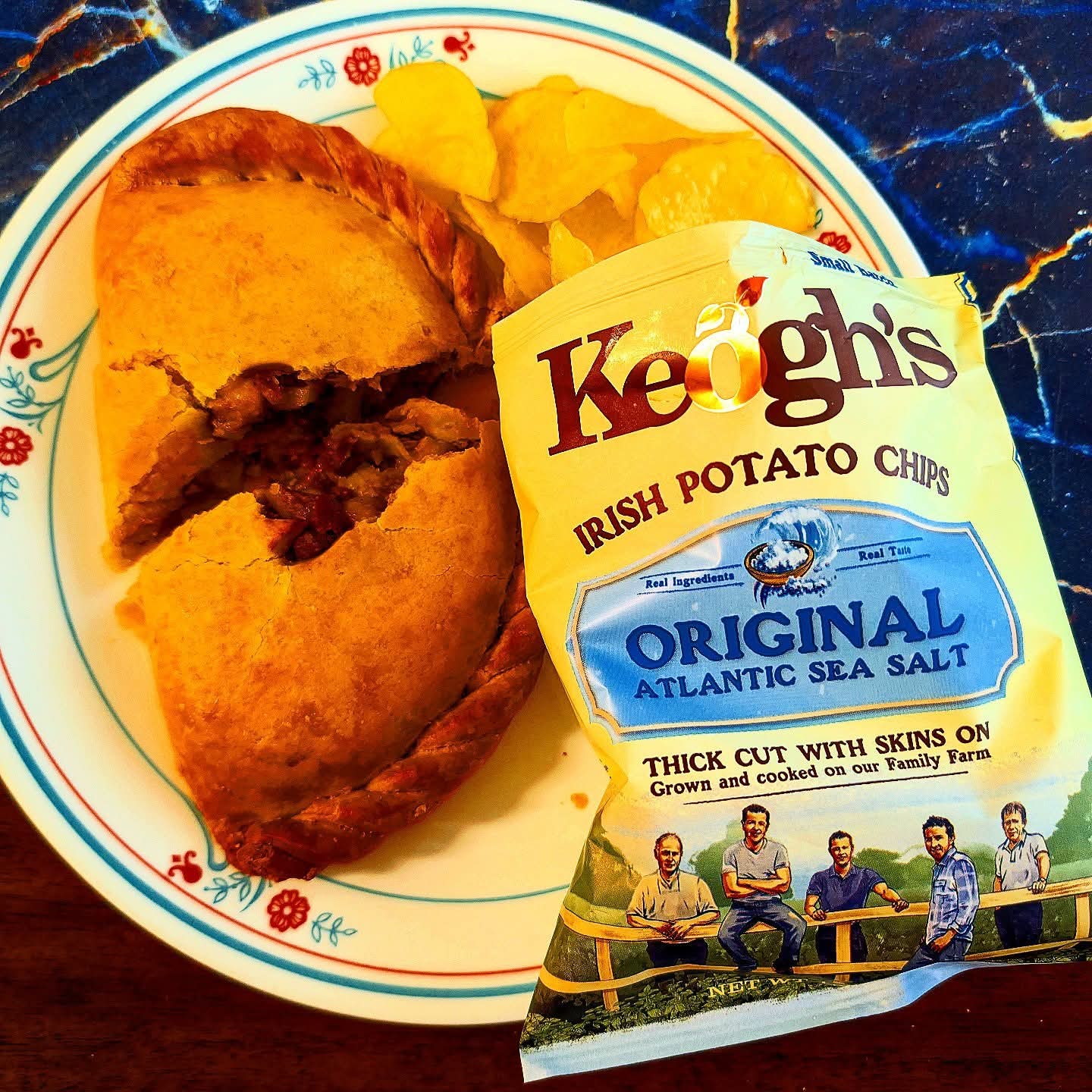 2026-04-15 1051 hours - London Calling's VEGETARIAN Bombay Pasty and IMPORTED Keogh's Irish Potato Chips