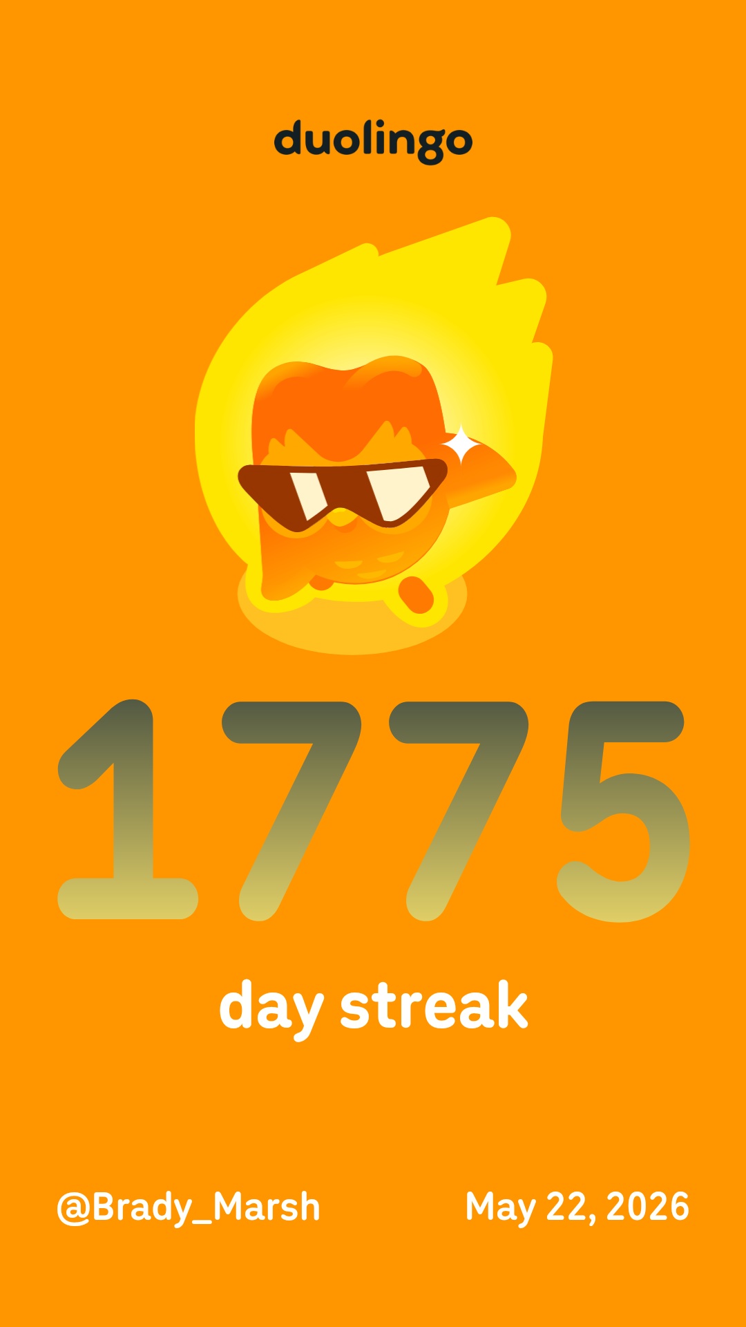 2026-05-22 1202 hours - Brady Marshall's 1,775 Day Streak on Duolingo