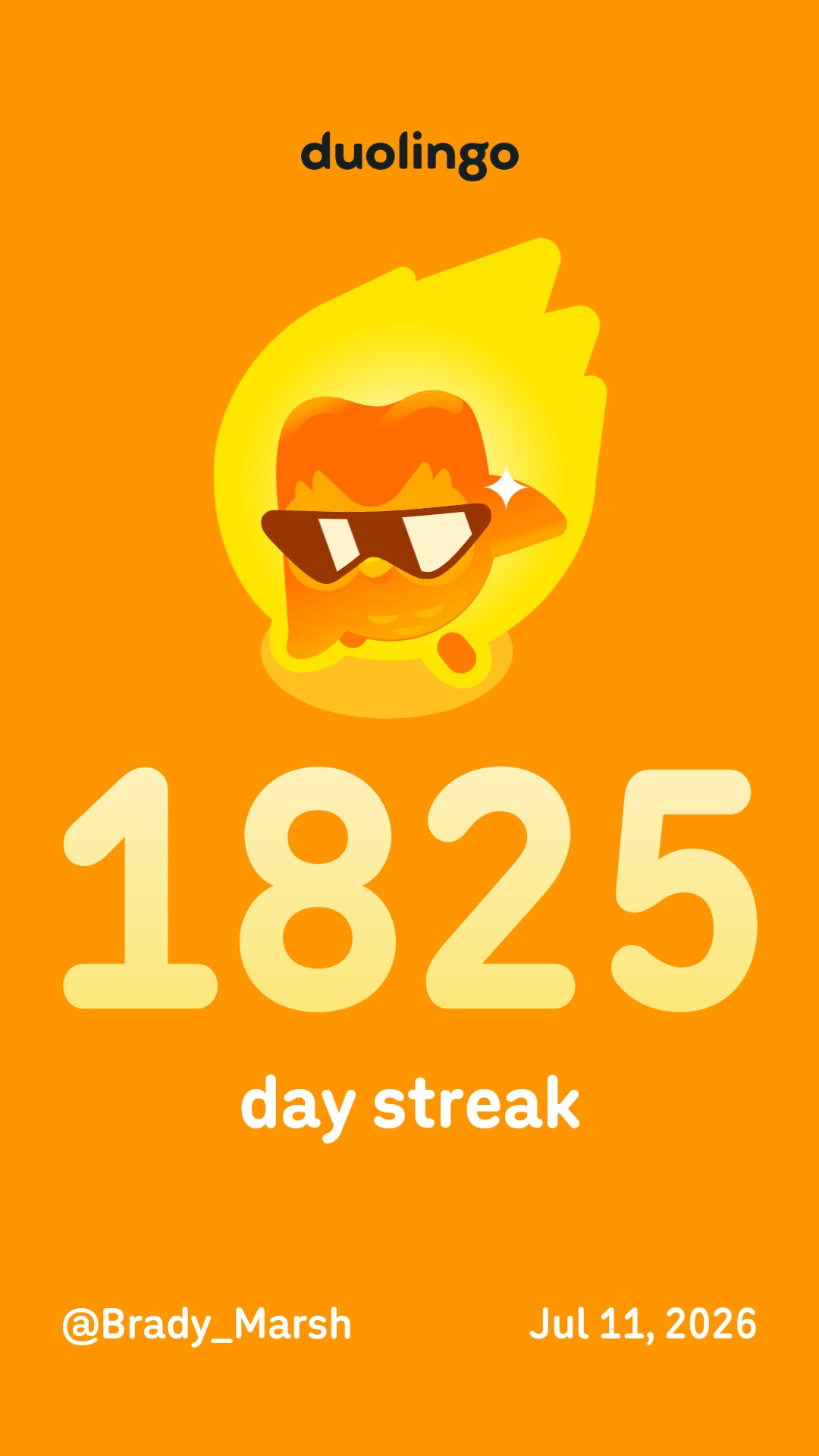 2026-07-11 1115 hours - Brady Marshall's 1,825 Day Streak on Duolingo