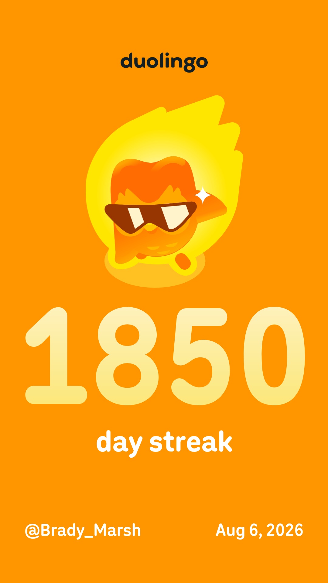 2026-08-06 0922 hours - Brady Marshall's 1,850 Day Streak on Duolingo